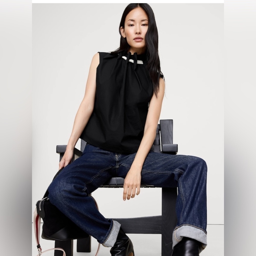 NWT Banana Republic Cotton Poplin Cinch Neck Black Top Sz S (#826109)